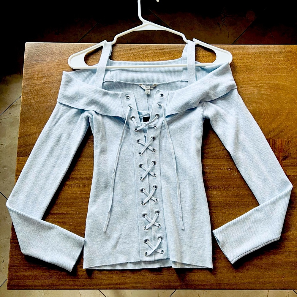 Light blue size small Guess Ali Strapped Laced Rib Sweater
